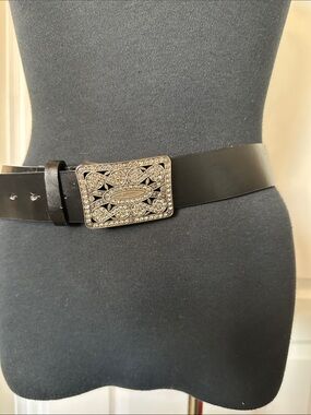 H&M Black Women’s real leather Belt with chic Decorative Rhinestone big Buckle